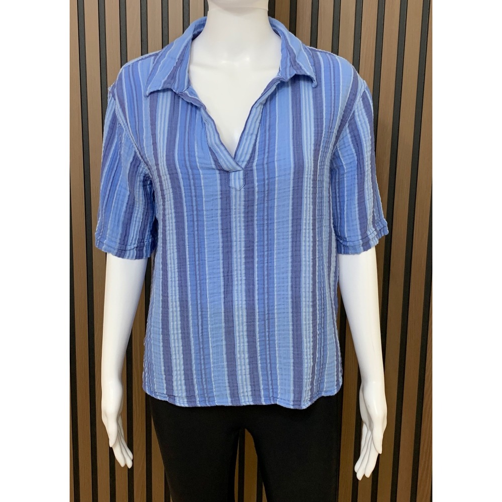 LL Bean Blue Striped Gauze Vintage 100% Cotton V-Neck Short Sleeve Top M